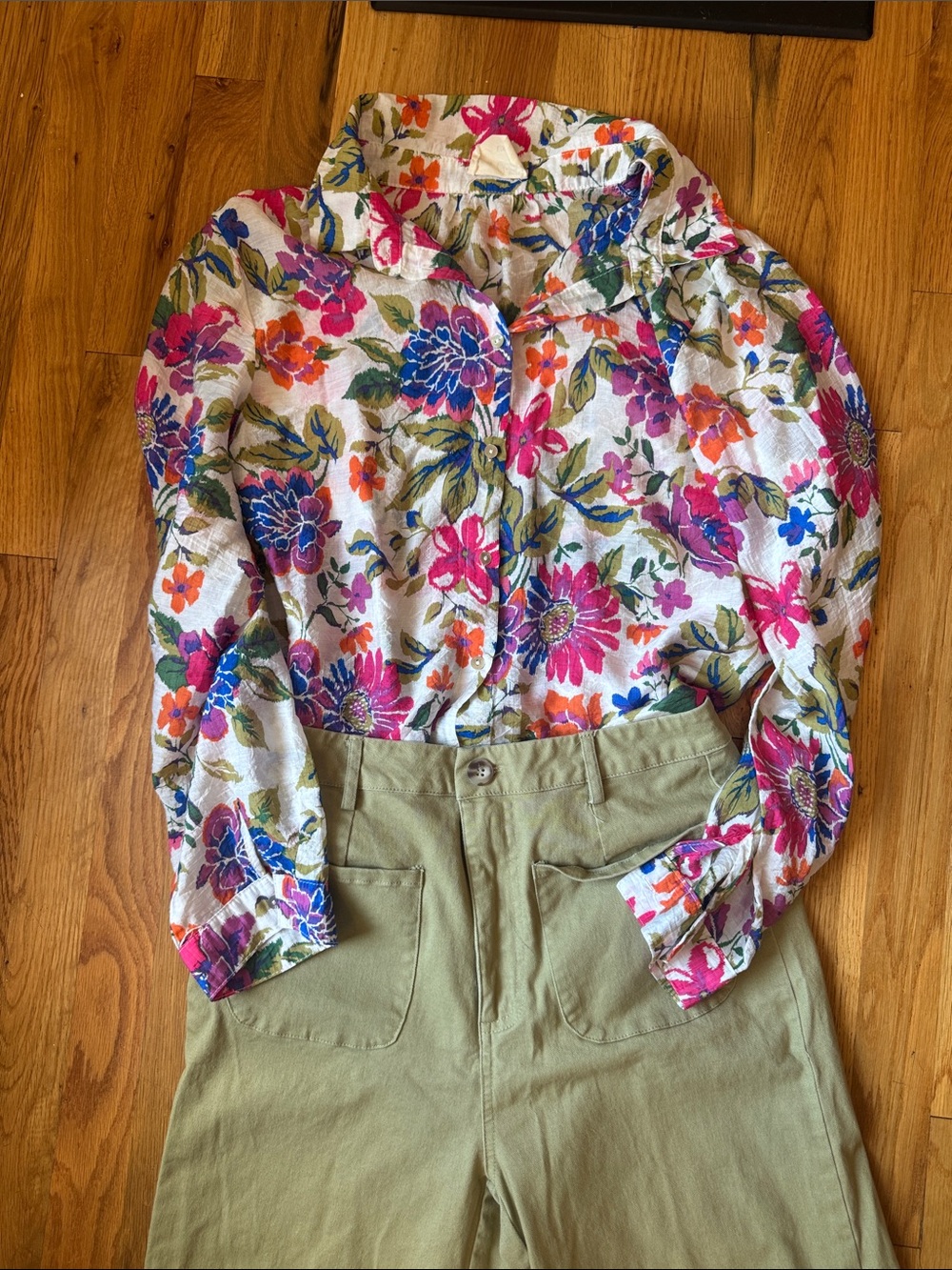 Easy Clothes Floral Silk Blend Button Down Blouse Top L/XL